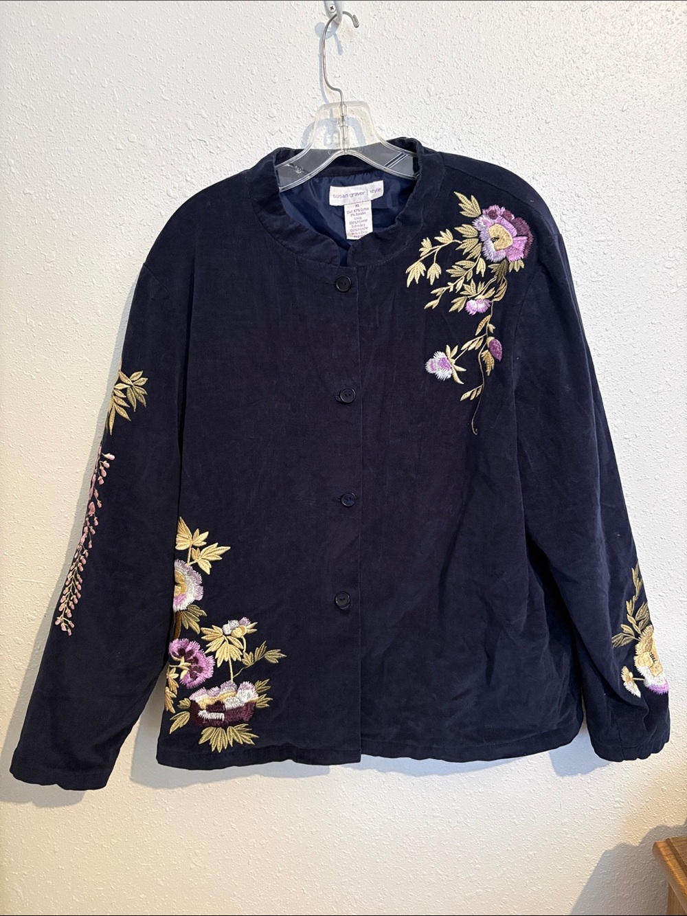 Susan Graver Navy Embroidered Floral Utility Jacket #1002CL